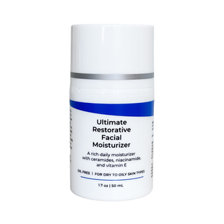 Bottle of Ultimate Restorative Facial Moisturizer on a with a white background, best post peel moisturizer with vitamin e, ceramides, niacinamide, oil-free so great for sensitive and acne prone skin