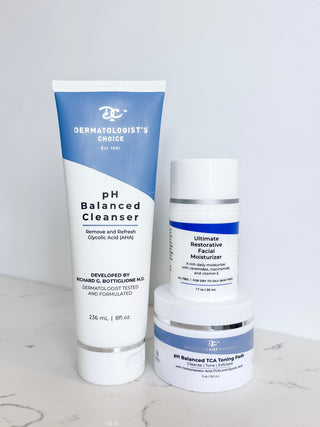 the pH Balanced Cleanser, pH balanced Toning Pads, and Ultimate Restorative Facial Moisturizer is the perfect no-frills routine to give your dry, sensitive skin the ingredients it needs to feel it's best. Developed by a dermatologist with 50 years experience, this set has no fragrance, no irritating ingredients, no parabens, and is leaping bunny certified cruelty free